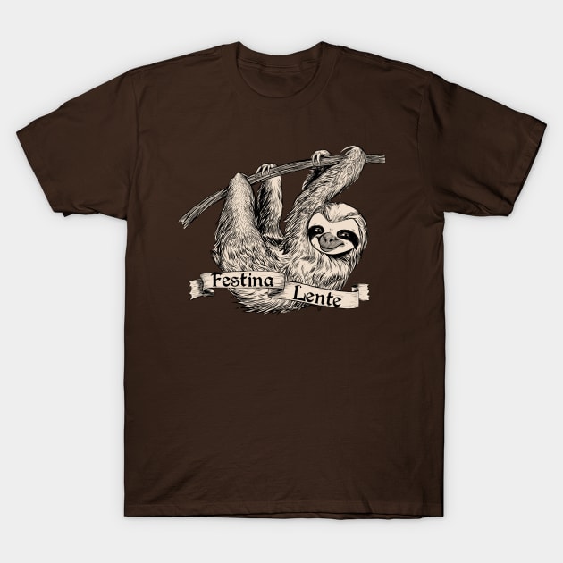 Three Toed Sloth with Latin "Festina Lente" T-Shirt by cartoonowl